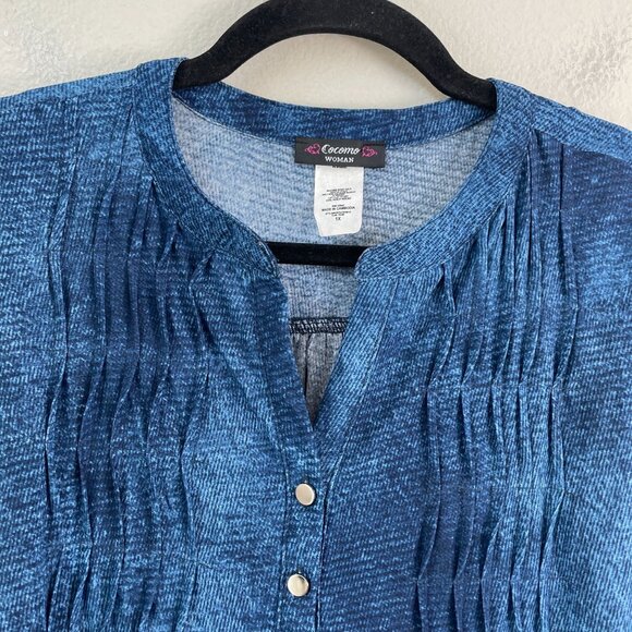 Cocomo Woman Plus 1X Blue Pleated Tunic Top Stretch Button Front Roll Tab Sleeve - Picture 7 of 9